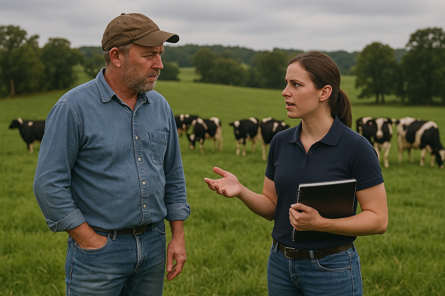 A farmer and reporter talking in a field in front of cows